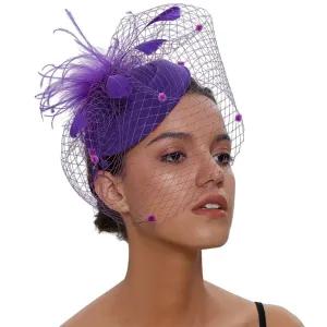 Pillbox Spot Veil and Feather Headband Fascinator - Purple