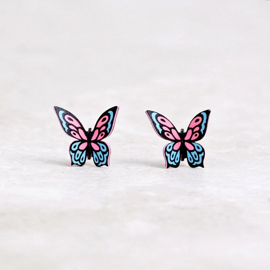 Pink and Blue Butterfly Post Earrings