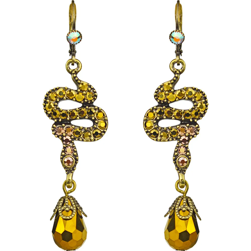 Serpent Crystal Drop Leverback Earrings (Brass Ox)