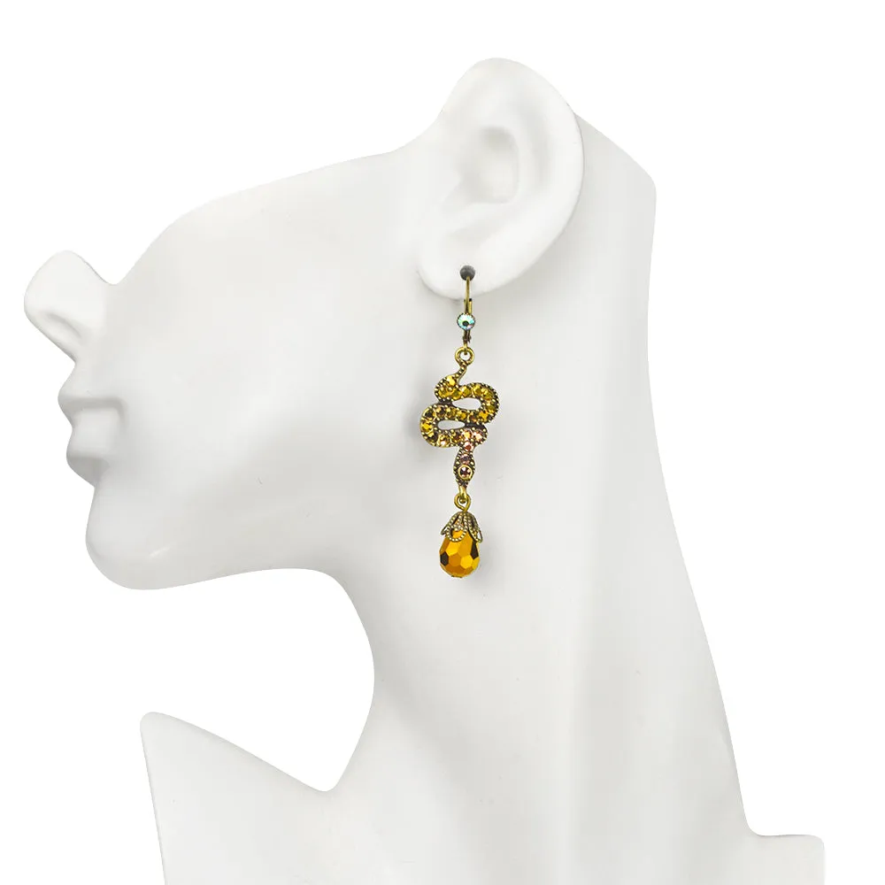 Serpent Crystal Drop Leverback Earrings (Brass Ox)