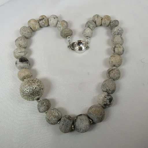 Silver and Rare Petrified Dinosaur Bone Bead Necklace