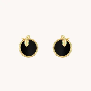 Snake Black Agate Gold Stud Earrings W.