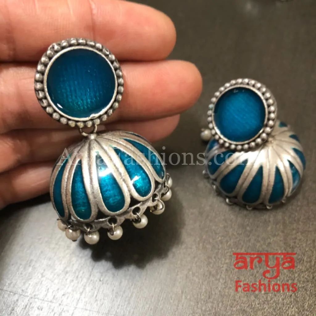 Tahmina Oxidized Silver Tribal Bold Jhumkas with Colorful Meenakari