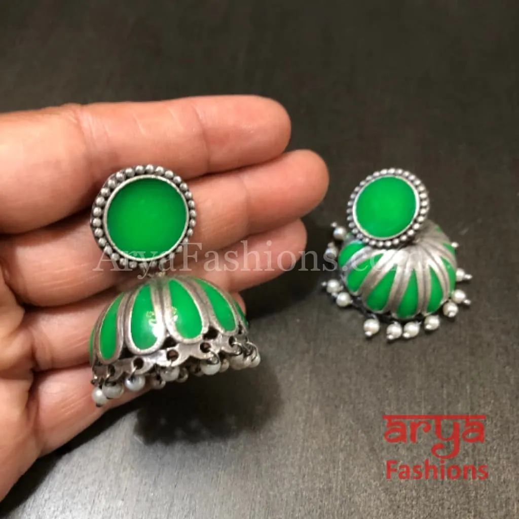 Tahmina Oxidized Silver Tribal Bold Jhumkas with Colorful Meenakari