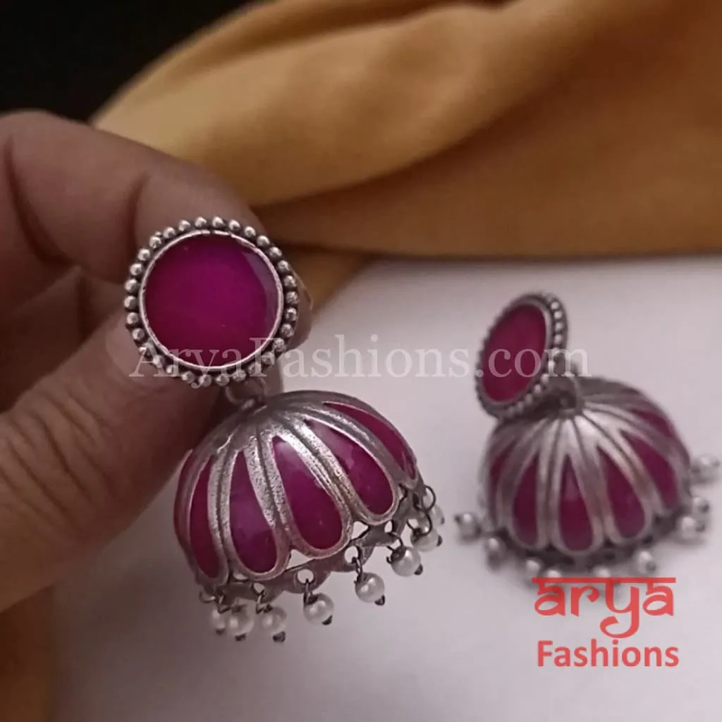 Tahmina Oxidized Silver Tribal Bold Jhumkas with Colorful Meenakari