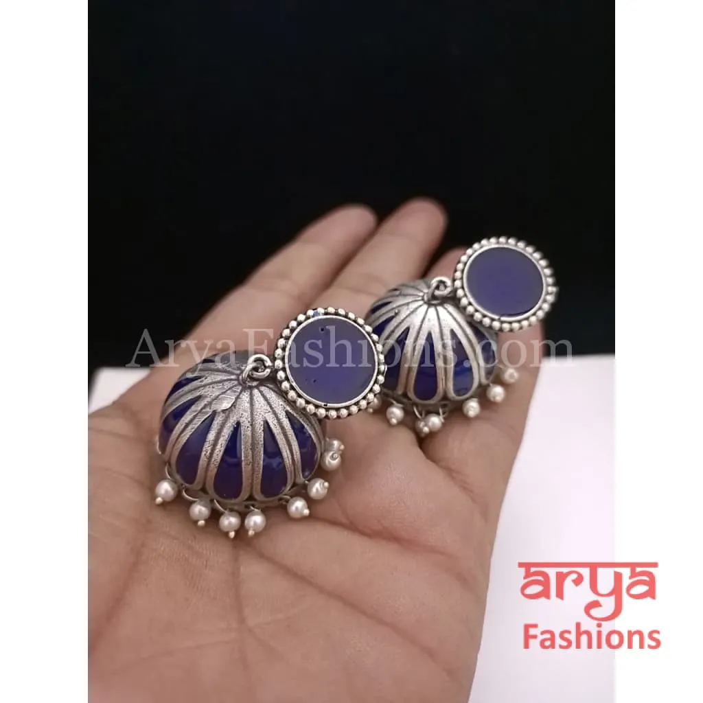 Tahmina Oxidized Silver Tribal Bold Jhumkas with Colorful Meenakari