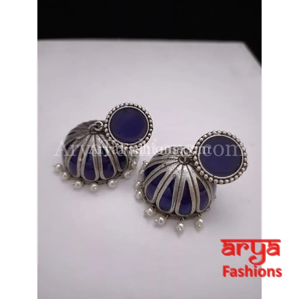 Tahmina Oxidized Silver Tribal Bold Jhumkas with Colorful Meenakari