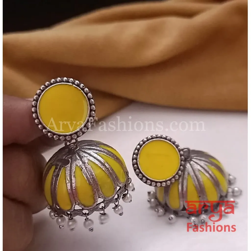 Tahmina Oxidized Silver Tribal Bold Jhumkas with Colorful Meenakari