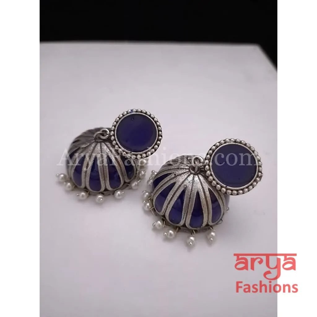 Tahmina Oxidized Silver Tribal Bold Jhumkas with Colorful Meenakari