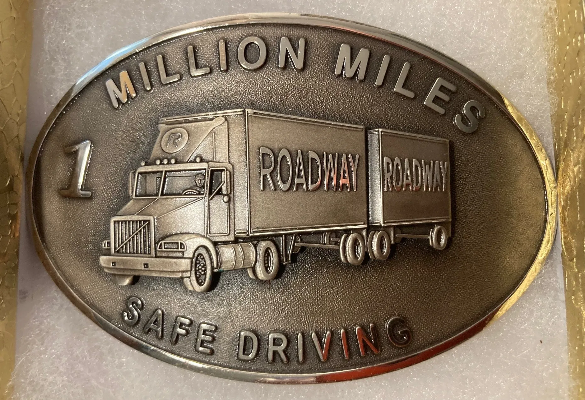 Vintage Metal Belt Buckle, Roadway, Trucking, 1 Million Miles Safe Driving, Nice Western Design, 3 1/2" x 2 1/4", Heavy Duty, Quality