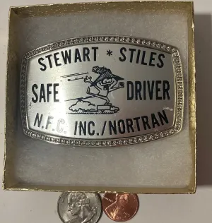 Vintage Metal Belt Buckle, Stewart Stiles, Safe Driver, Nice Design, 3 1/4" x 2 1/4", Heavy Duty, Quality, Thick Metal, Made in USA