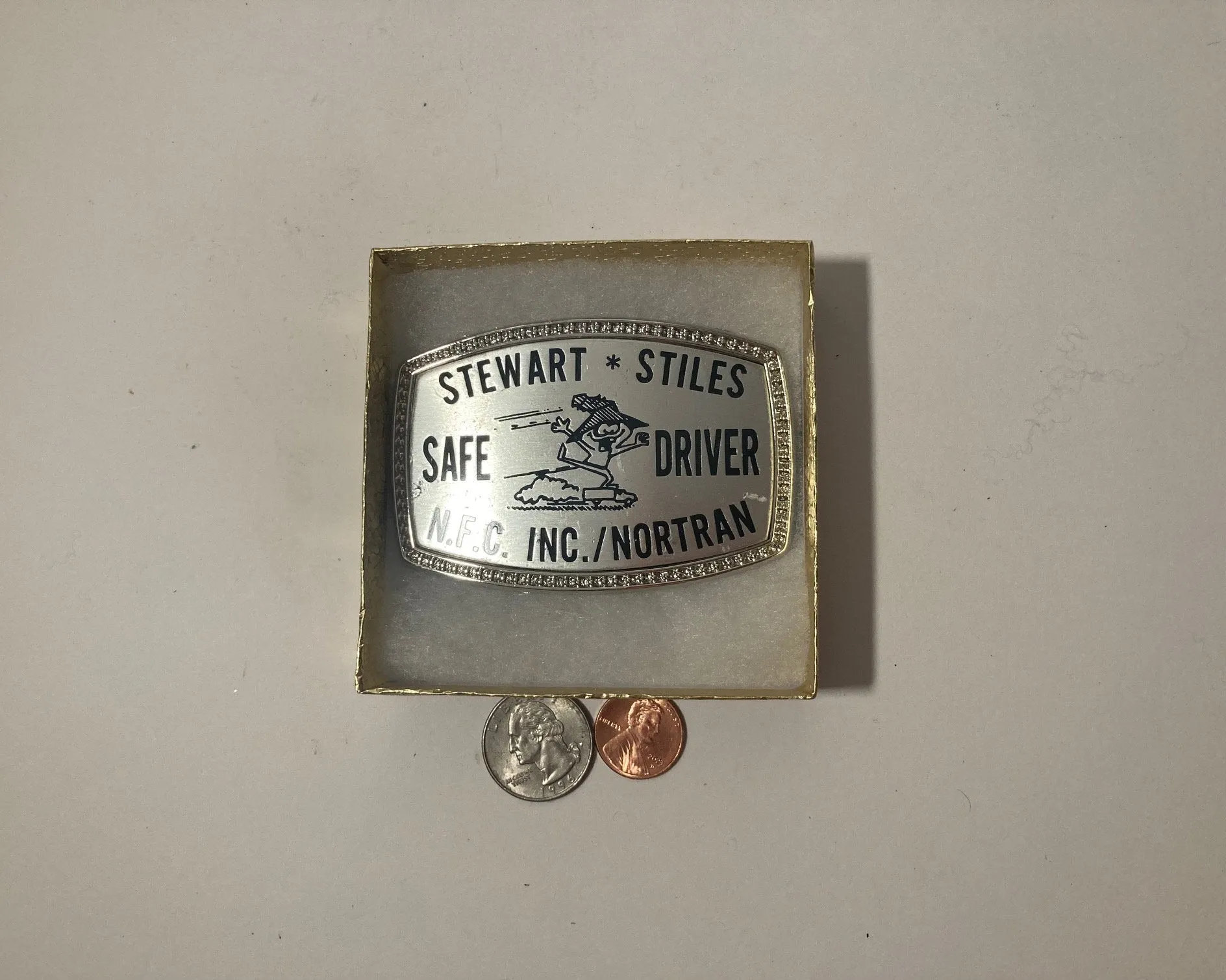 Vintage Metal Belt Buckle, Stewart Stiles, Safe Driver, Nice Design, 3 1/4" x 2 1/4", Heavy Duty, Quality, Thick Metal, Made in USA