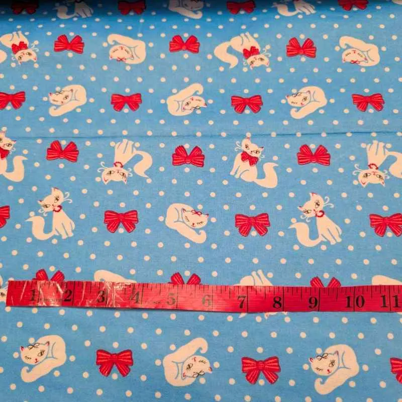 White Cat FLANNEL, Red Bows on blue