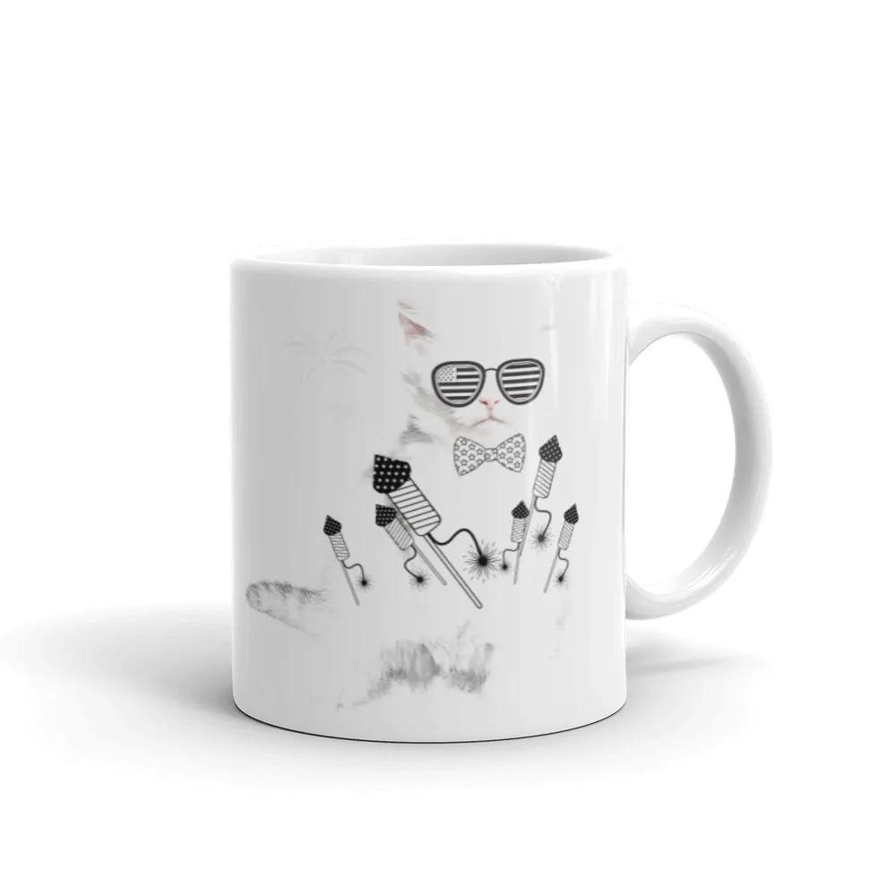 White cat with rocket print coffee mug