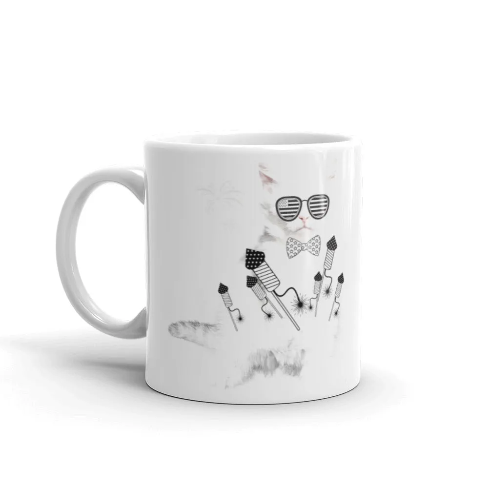 White cat with rocket print coffee mug