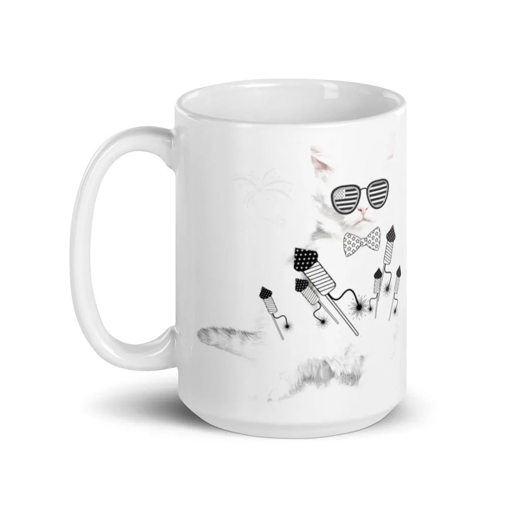 White cat with rocket print coffee mug