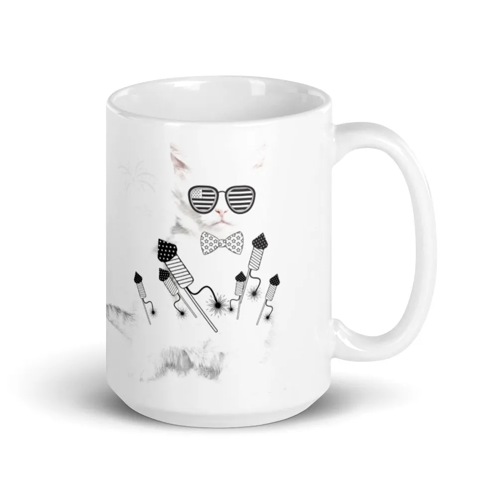 White cat with rocket print coffee mug